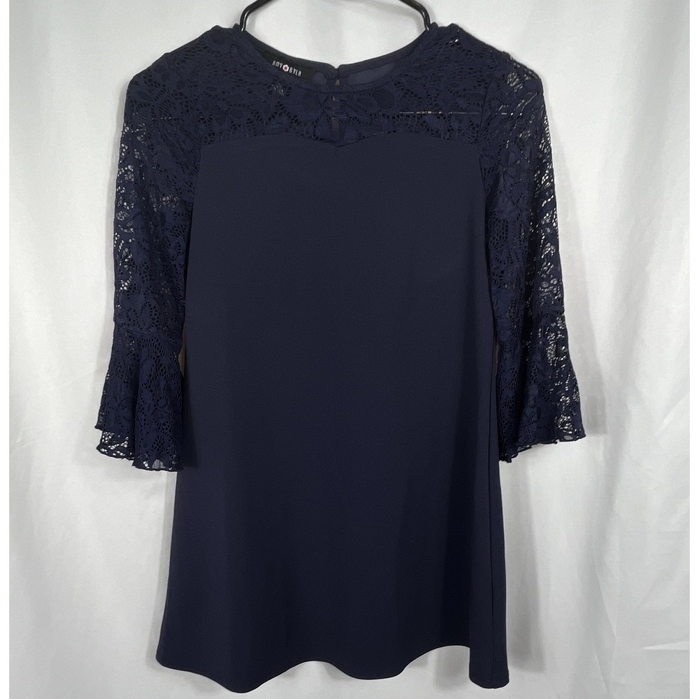 Amy Byer Women's Eggplant Purple Blouse Size 12 with‎ 3/4 Bell Lace Sleeve